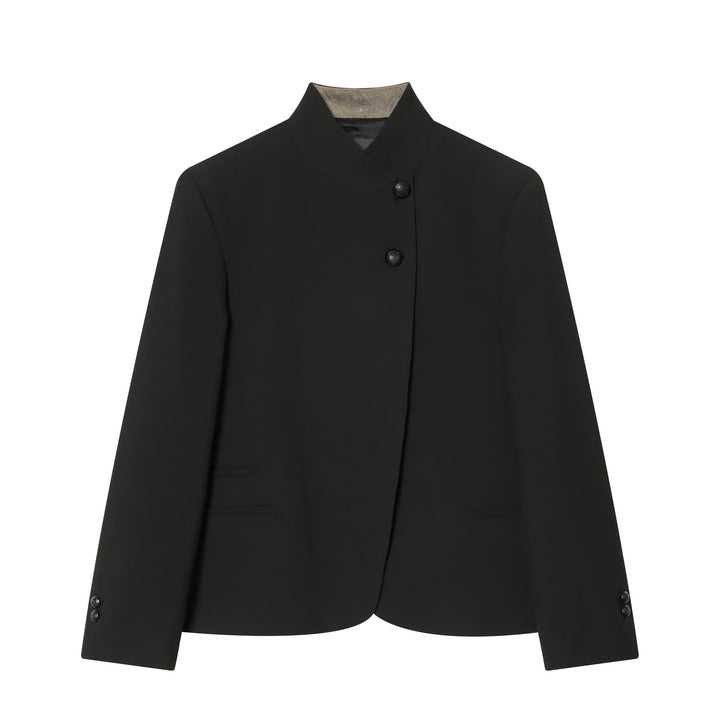 Women's Asymmetrical Short Blazer with Stand Collar and Decorative Buttons Mune Fashion