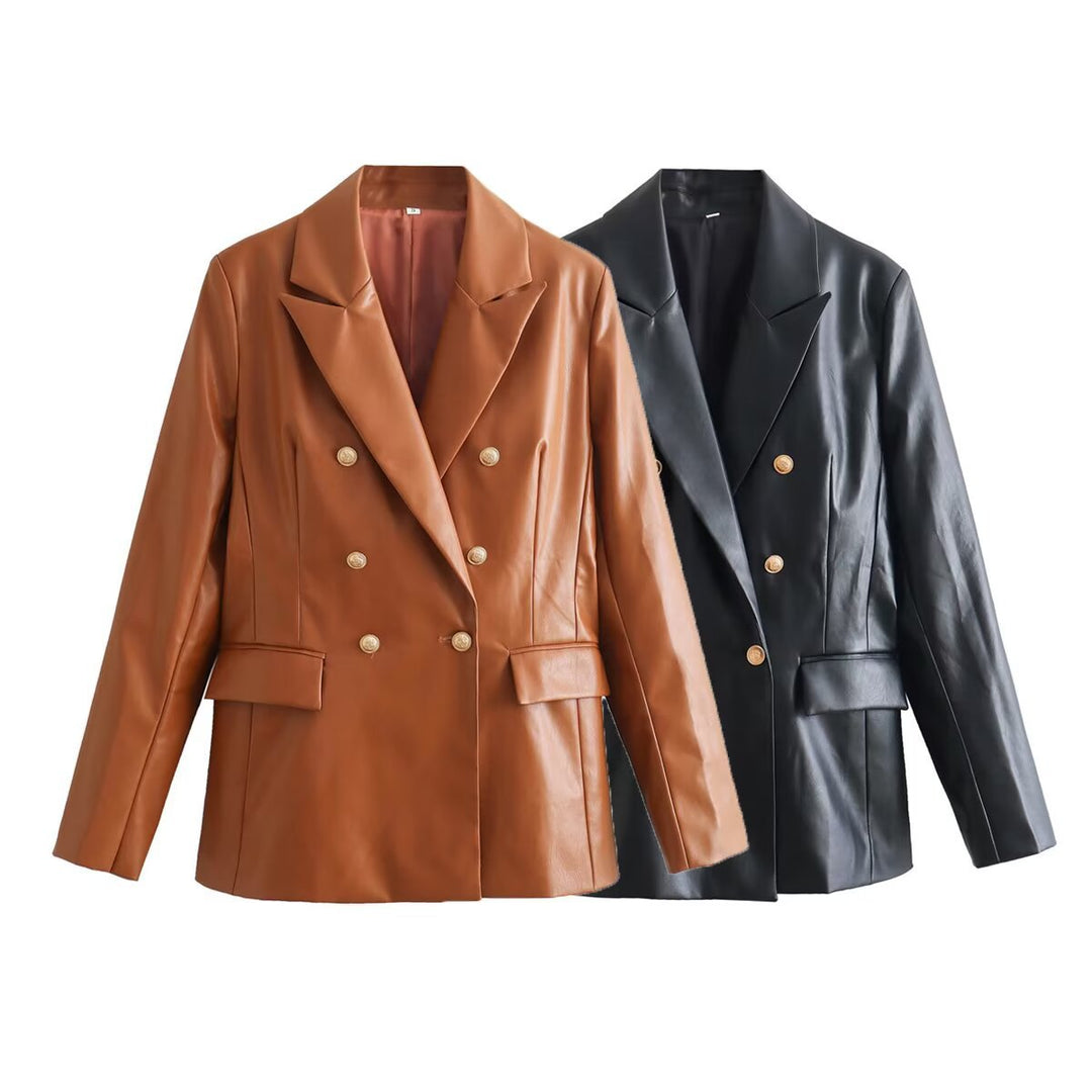 Women's Double-Breasted Faux Leather Blazer with Gold Decorative Buttons and Flap Pockets Mune Fashion