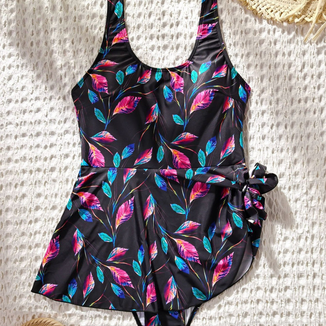 Women's One-Piece Swimsuit with Floral Design and Wrap Skirt Mune Fashion