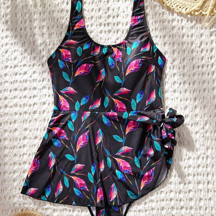 Women's One-Piece Swimsuit with Floral Design and Wrap Skirt Mune Fashion