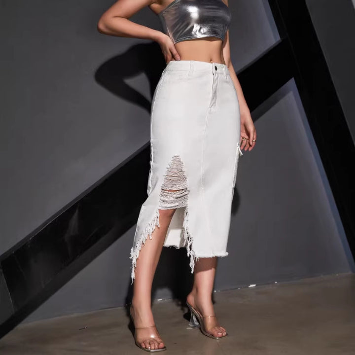 Women's asymmetrical midi denim skirt with fringe and destroy effect Mune Fashion