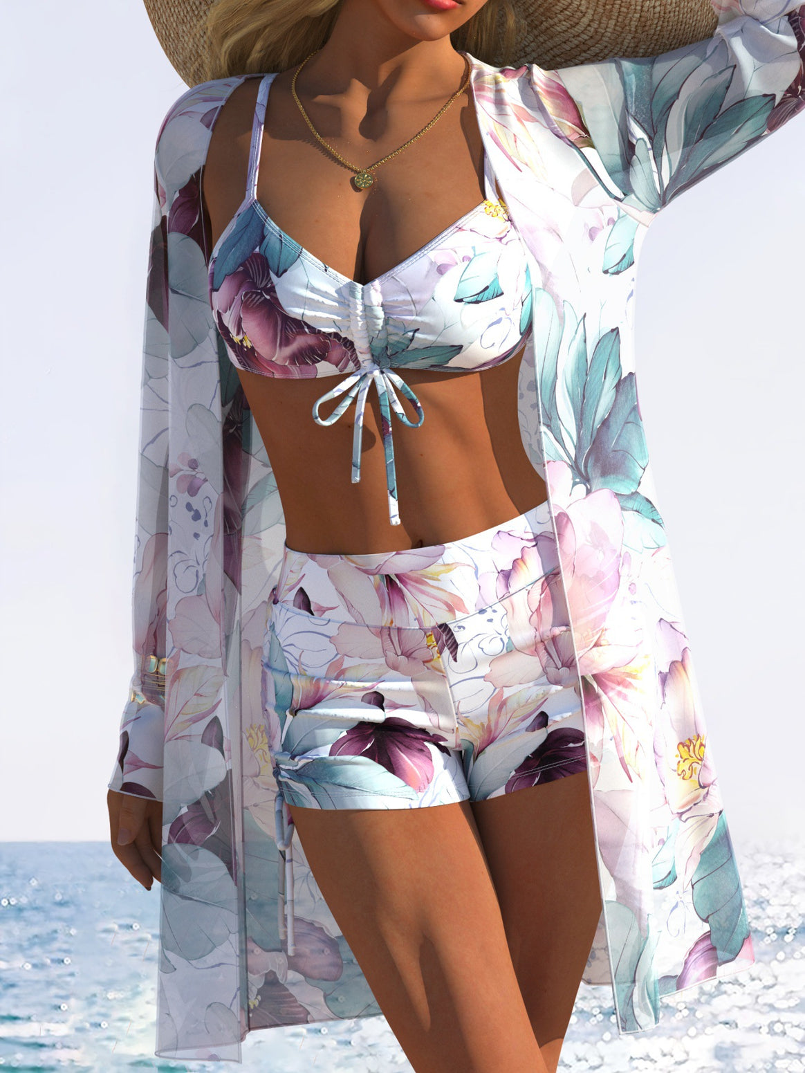 Women’s bikini set with floral design and swinging kimono Mune Fashion