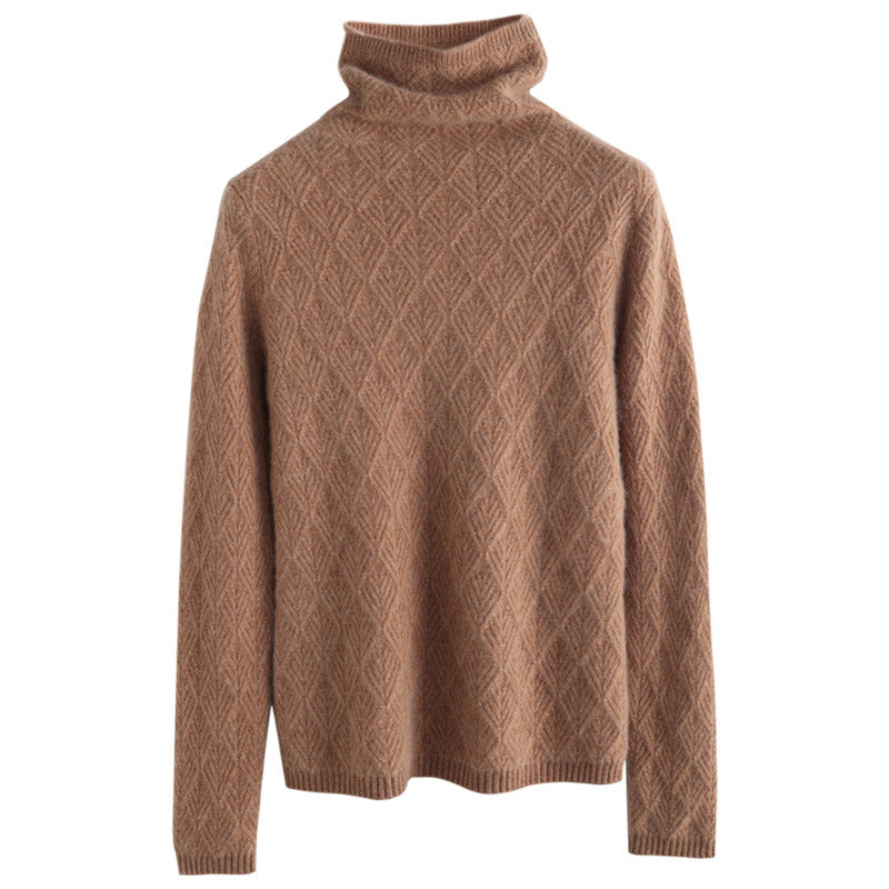 Ladies Luxurious Mohair-Mix Turtleneck Sweater with Diamond Pattern Mune Fashion Openwork Structure Mune Fashion