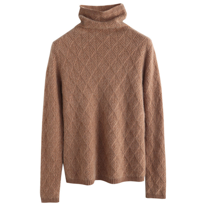 Ladies Luxurious Mohair-Mix Turtleneck Sweater with Diamond Pattern Mune Fashion Openwork Structure Mune Fashion