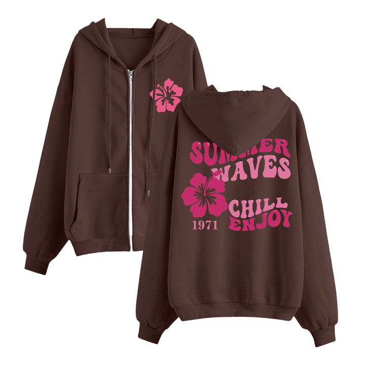Women's relaxed zip hoodie with tropical hibiscus print, kangaroo pockets, and ribbed cuffs Mune Fashion