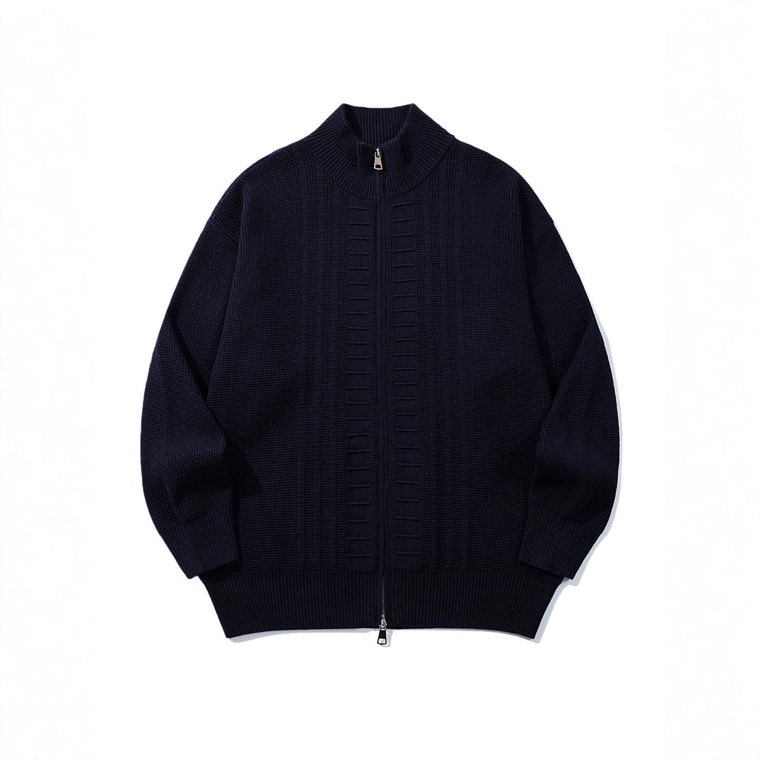 Men's chunky knit zip jacket with stand-up collar and two-way opening zipper Mune Fashion