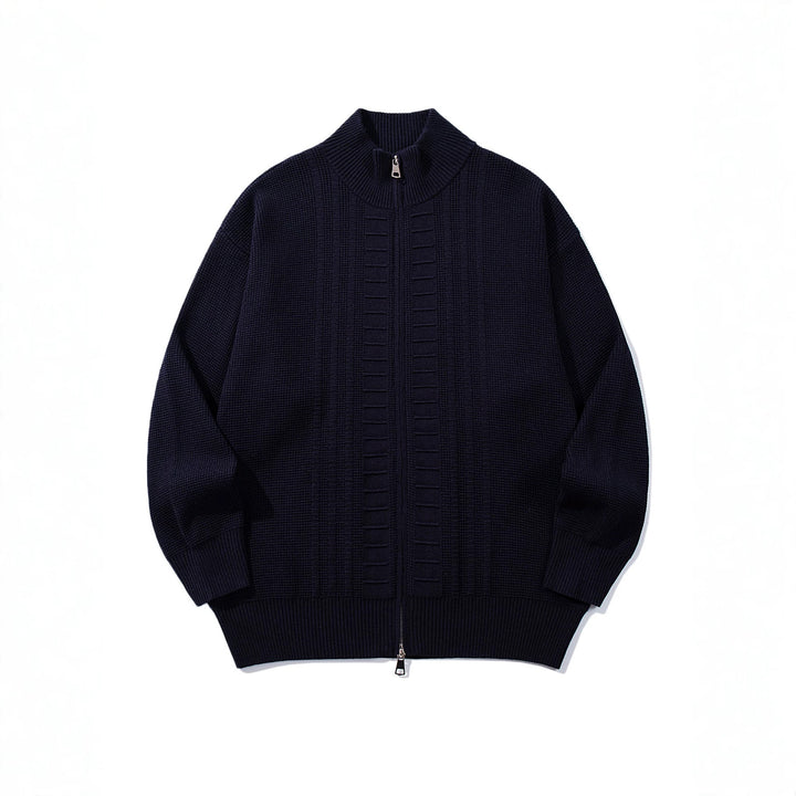 Men's chunky knit zip jacket with stand-up collar and two-way opening zipper Mune Fashion