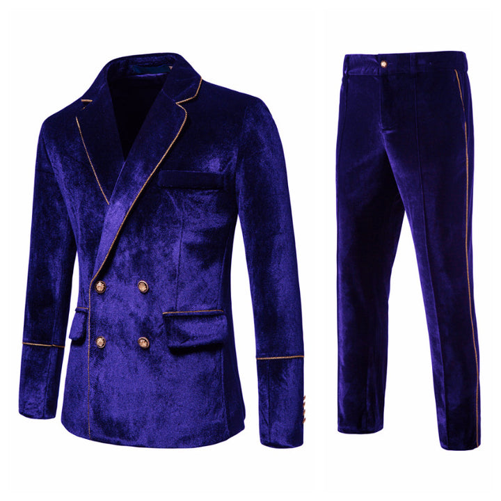 Men's double-breasted velvet suit set with gold piping and slim suit trousers Mune Fashion