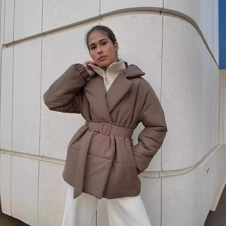 Women Padded Tailored Quilted Jacket with Belt and Hood Mune Fashion