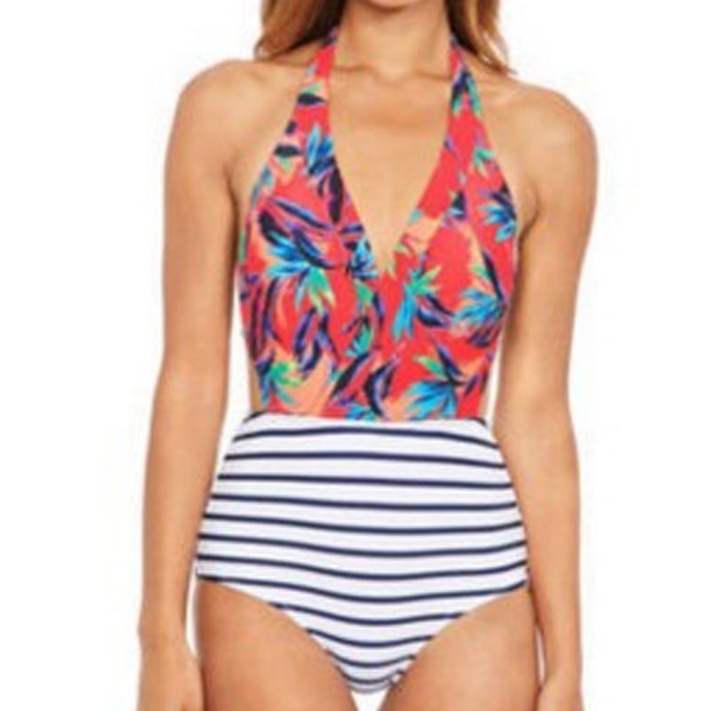 Ladies One-Piece Swimsuit with Round Neckline and Striped Design Mune Fashion