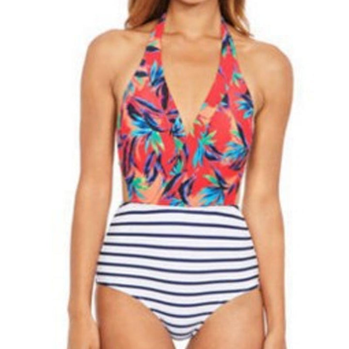 Ladies One-Piece Swimsuit with Round Neckline and Striped Design Mune Fashion