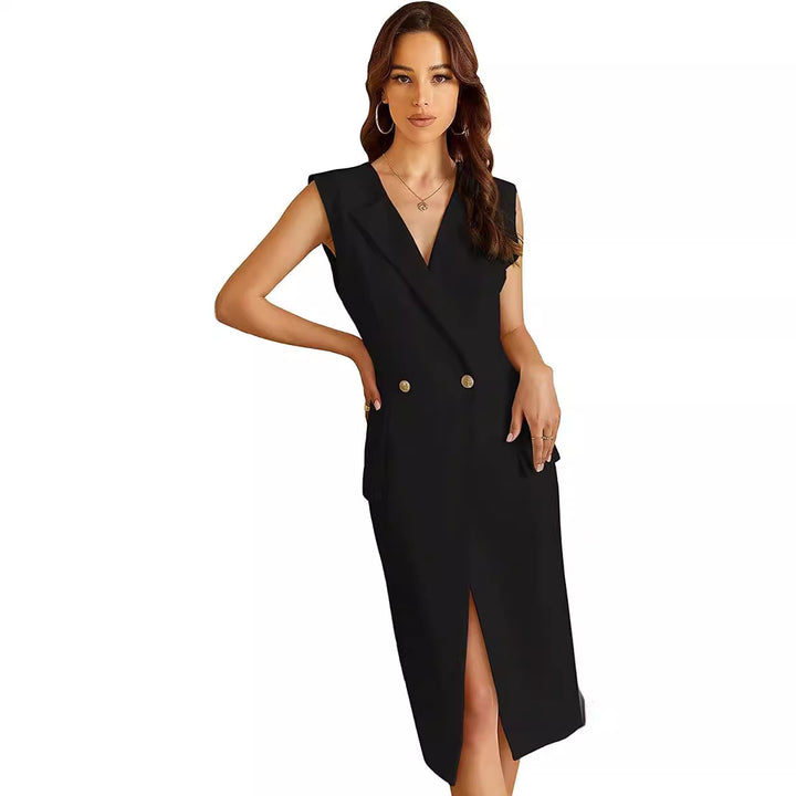 Women's sleeveless blazer dress in tailoring with deep V-neck, double-breasted and front leg slit Mune Fashion