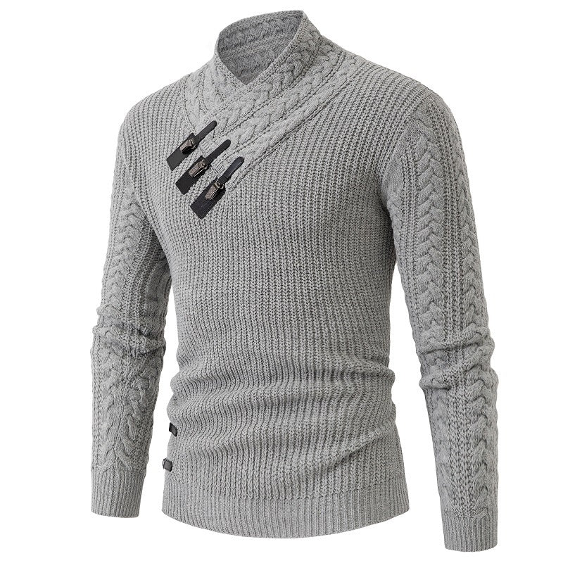 Men's knitted sweater with shawl collar, cable pattern, and distinctive buckle closures Mune Fashion