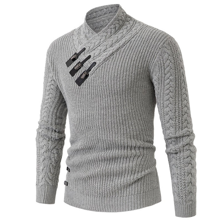 Men's knitted sweater with shawl collar, cable pattern, and distinctive buckle closures Mune Fashion