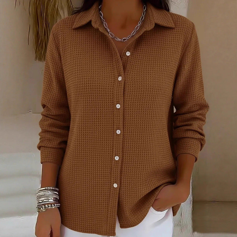 Women's Structured Shirt Blouse in Waffle Knit with Classic Collar and Continuous Button Placket Mune Fashion