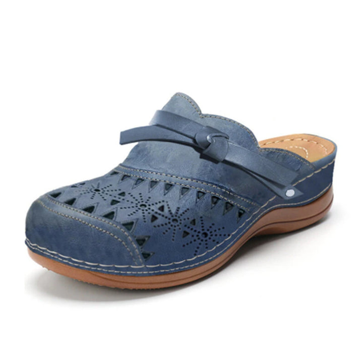 Women Comfortable Perforated Clog Mules with Knot Strap and Ergonomic Comfort Insole Mune Fashion