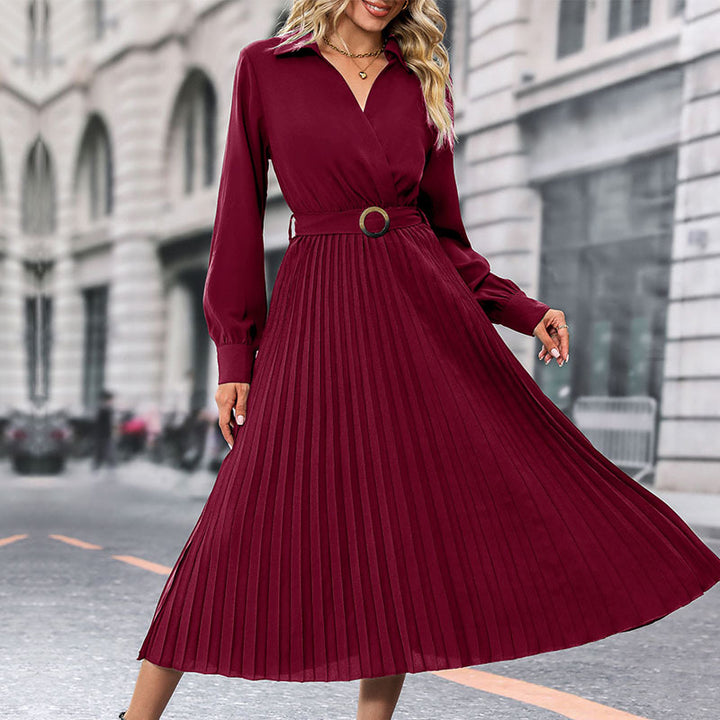Women Elegant Pleated Dress with Belt Mune Fashion