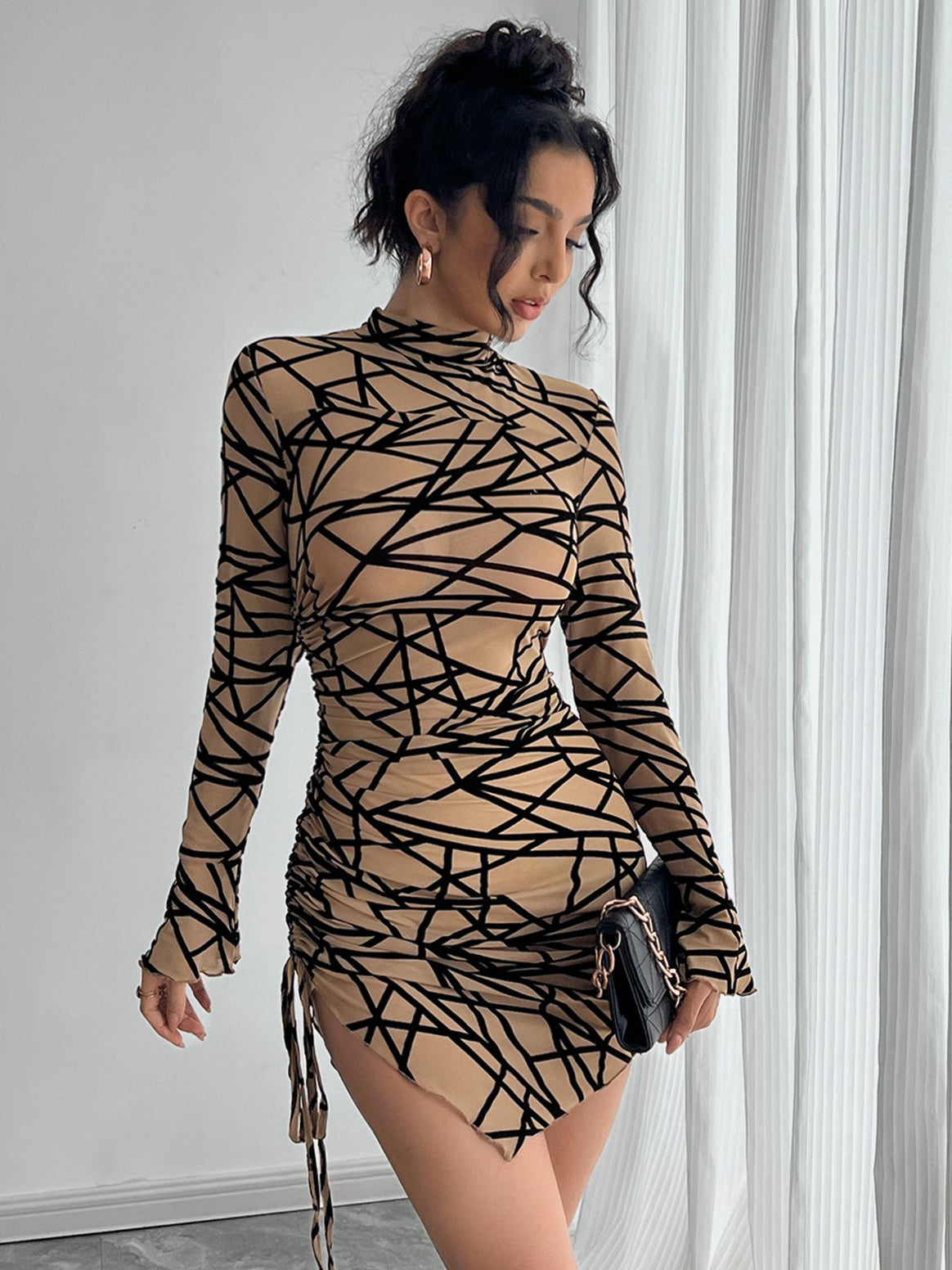 Women’s form-fitting transparent long-sleeve mini dress with turtleneck and side gathering Mune Fashion
