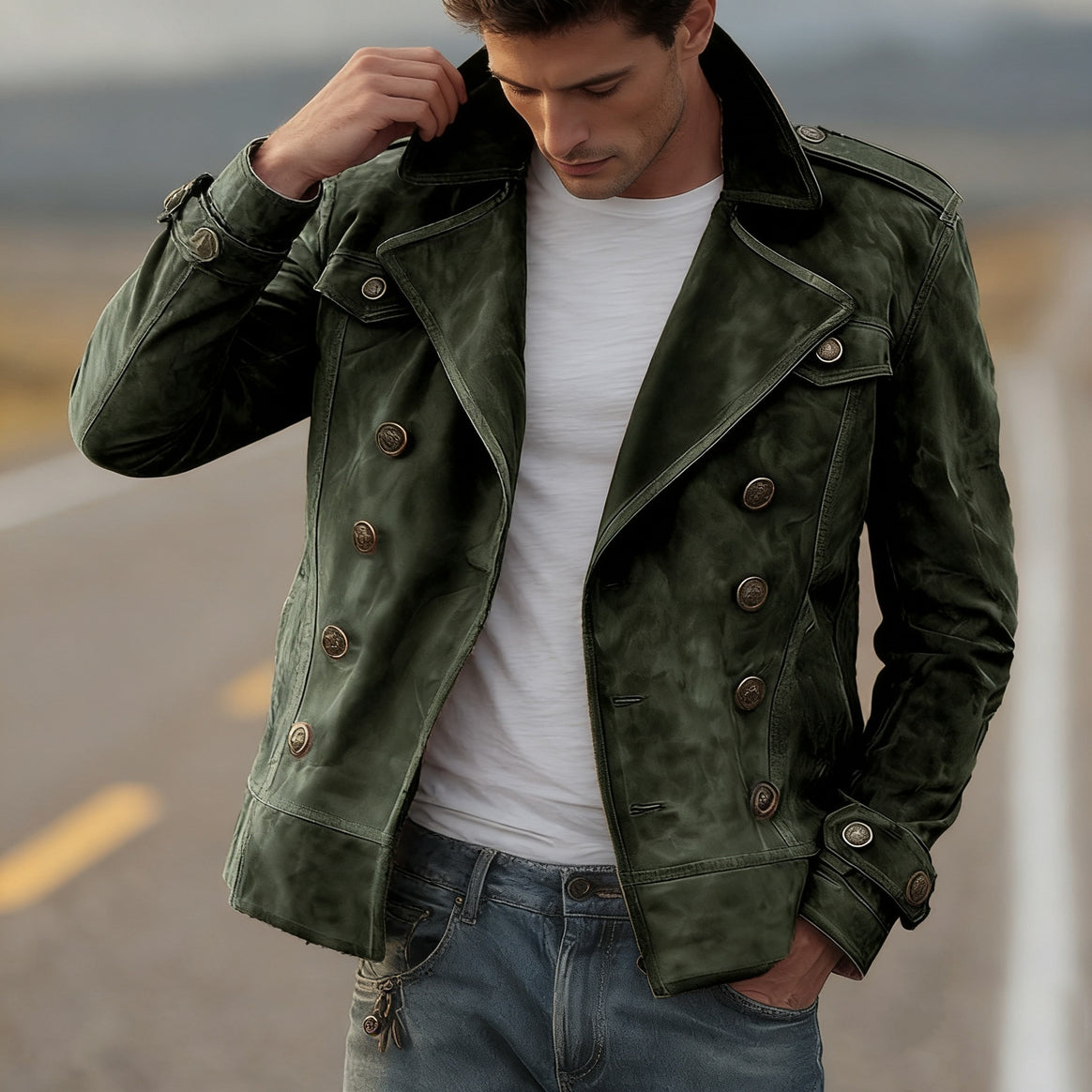 Men's Double-Breasted Leather Jacket in Vintage Look with Shawl Collar and Epaulettes Mune Fashion