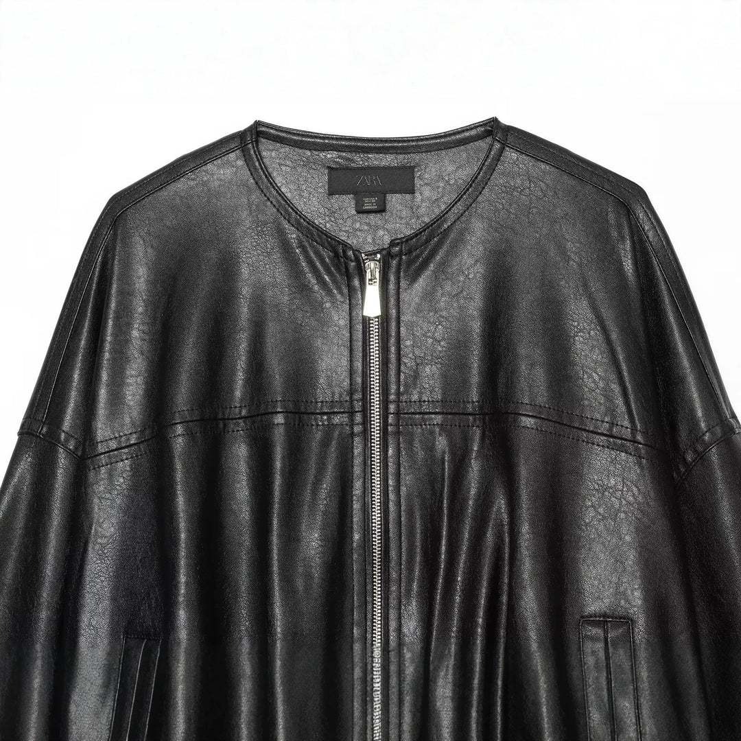 Women Oversize Faux Leather Blouson with Round Neckline, Zipper and Side Pockets Drune