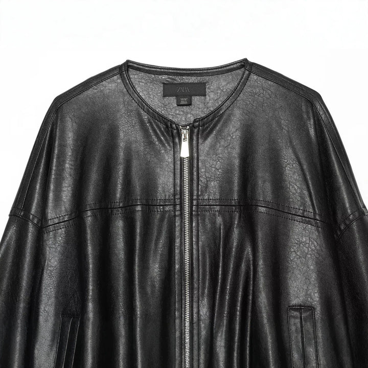 Women Oversize Faux Leather Blouson with Round Neckline, Zipper and Side Pockets Drune