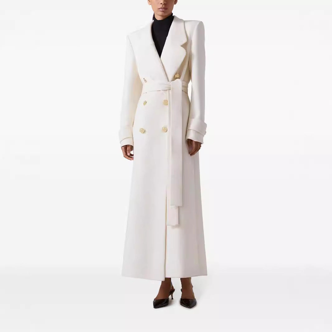 Women Long Double-Breasted Wool Coat with Waist Belt Mune Fashion