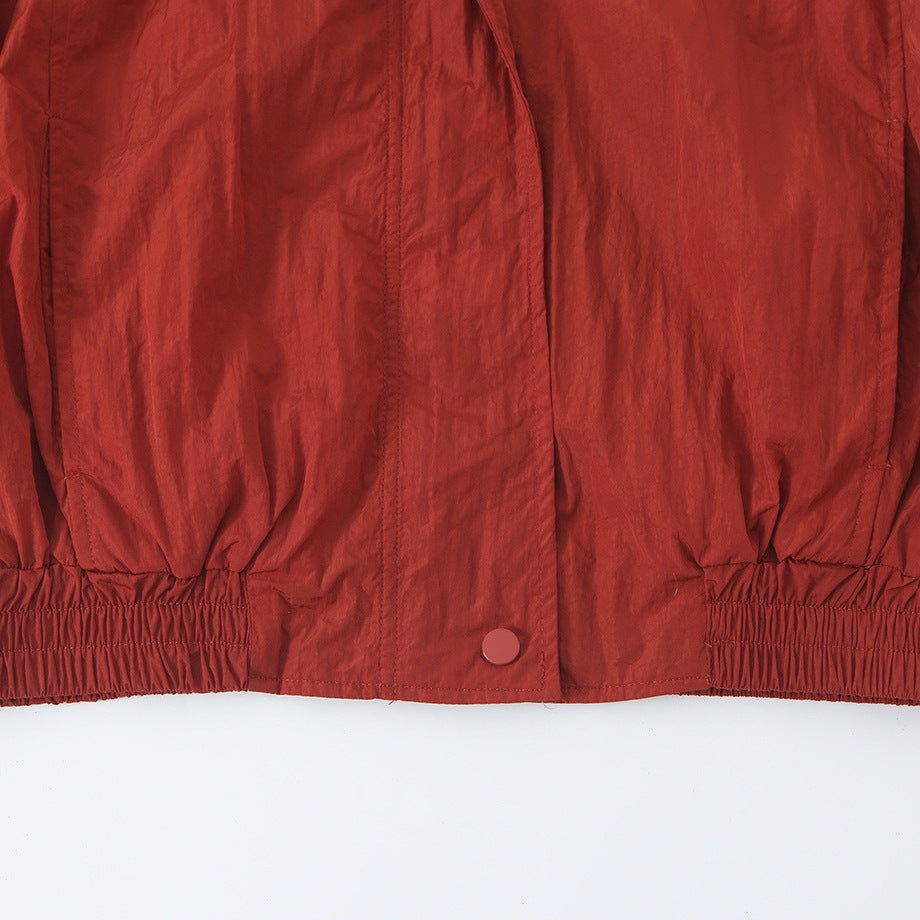 Women's Lightweight Cropped Bomber Jacket with Stand Collar, Elastic Hem and Snap Button Placket Mune Fashion