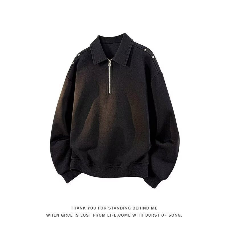 Men's Oversized Sweatshirt with Zip Collar and Snap Button Shoulder Detail Mune Fashion