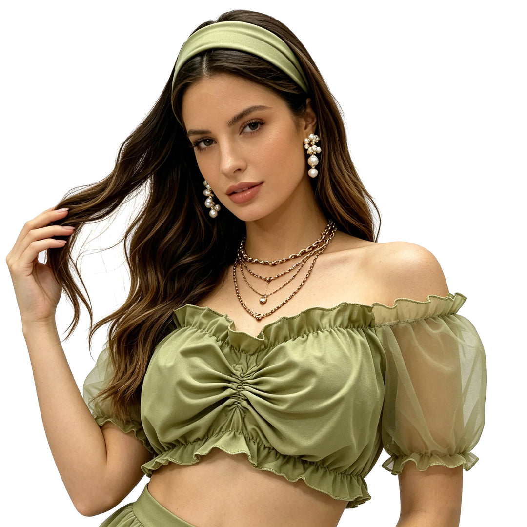 Women's ruched Crop Top with off-the-shoulder neckline and transparent organza sleeves Mune Fashion
