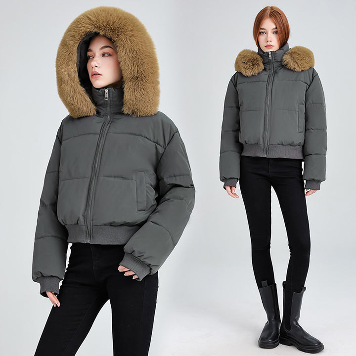 Women's Short Bomber Quilted Jacket with Removable Plush Collar and Ribbed Hem Mune Fashion