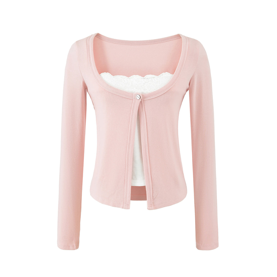 Women's layered cardigan with integrated lace cami and single-button closure Mune Fashion