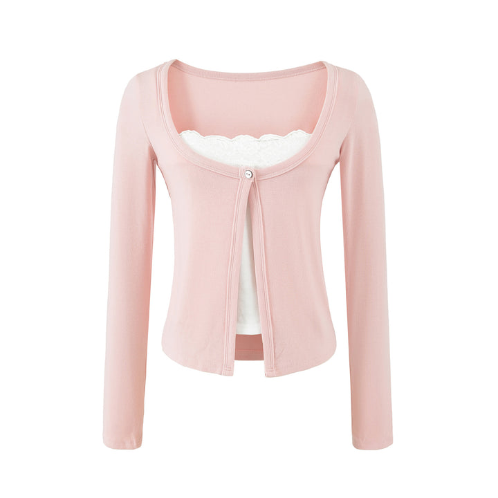 Women's layered cardigan with integrated lace cami and single-button closure Mune Fashion
