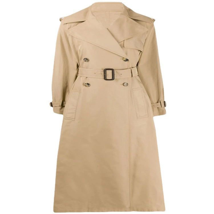 Women Mid-length Trench Coat in A-line Cut with Waist Belt and Epaulettes Mune Fashion