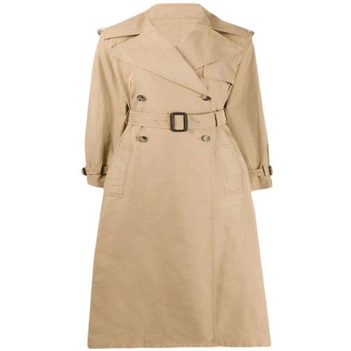 Women Mid-length Trench Coat in A-line Cut with Waist Belt and Epaulettes Mune Fashion