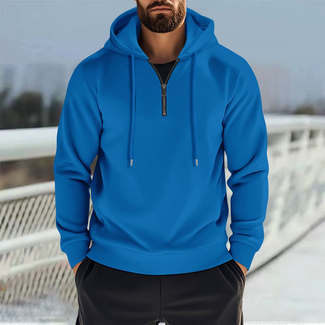 Men's Hooded Sweatshirt with Half Zipper and Fine Waffle Structure Mune Fashion