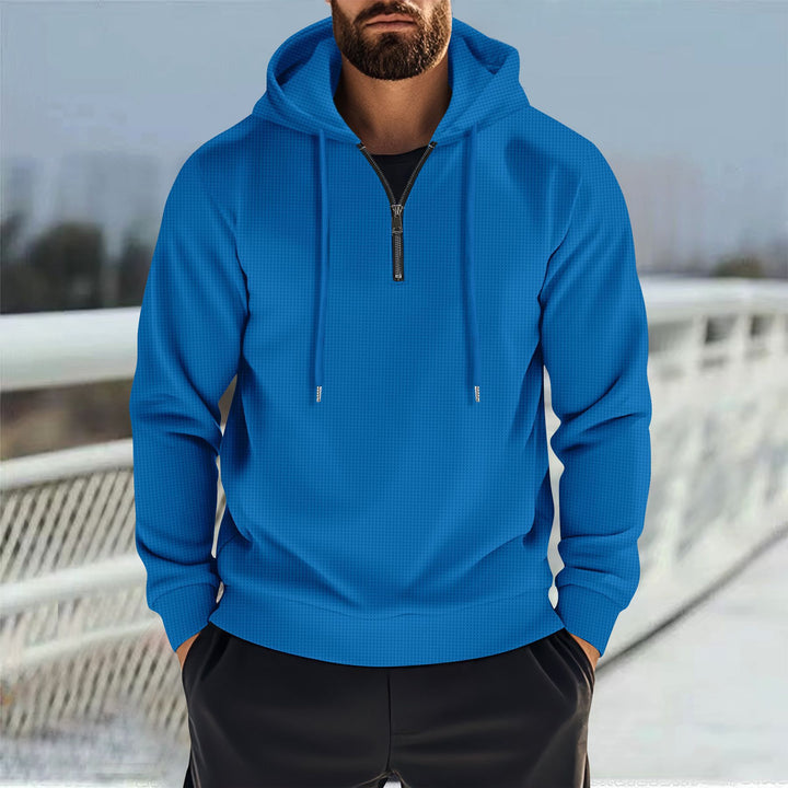 Men's Hooded Sweatshirt with Half Zipper and Fine Waffle Structure Mune Fashion