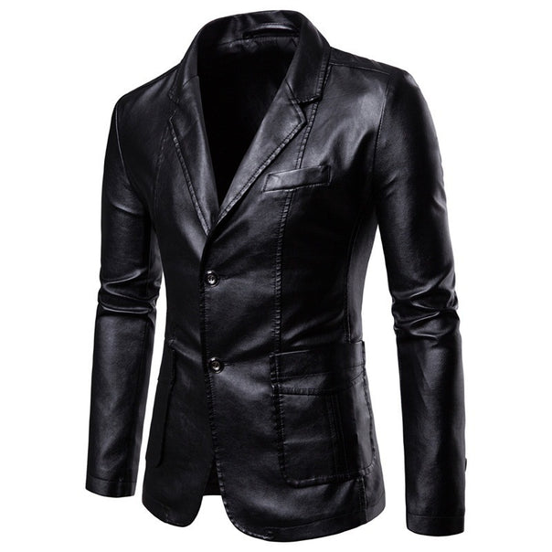 Men's Elegant Slim-Fit Faux Leather Blazer with Notched Lapel, Two-Button Placket & Flap Pockets Mune Fashion