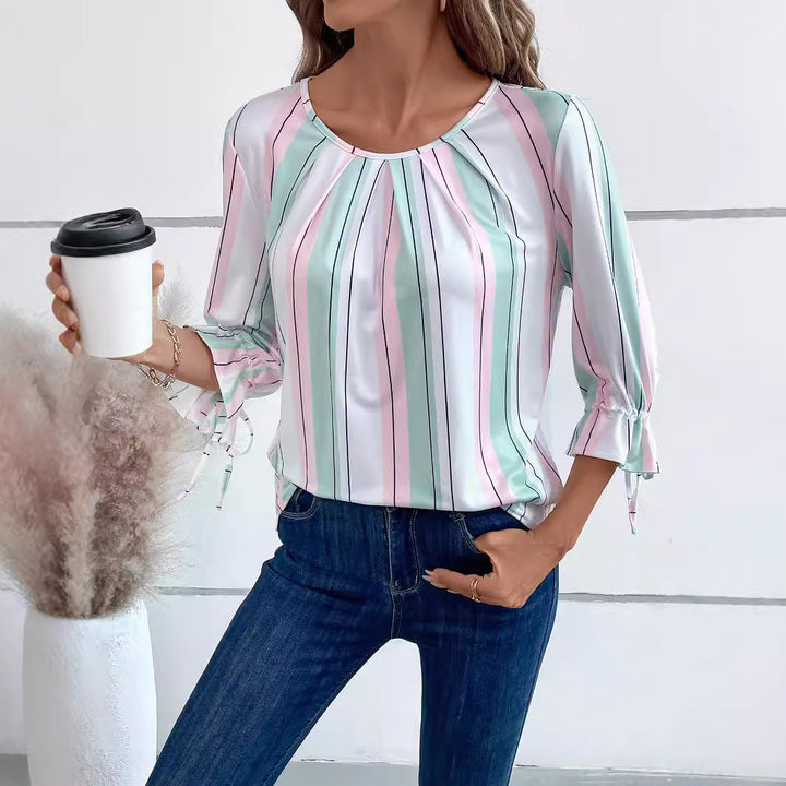 Women's lightweight striped blouse with round neckline and three-quarter sleeves with bow ties Mune Fashion