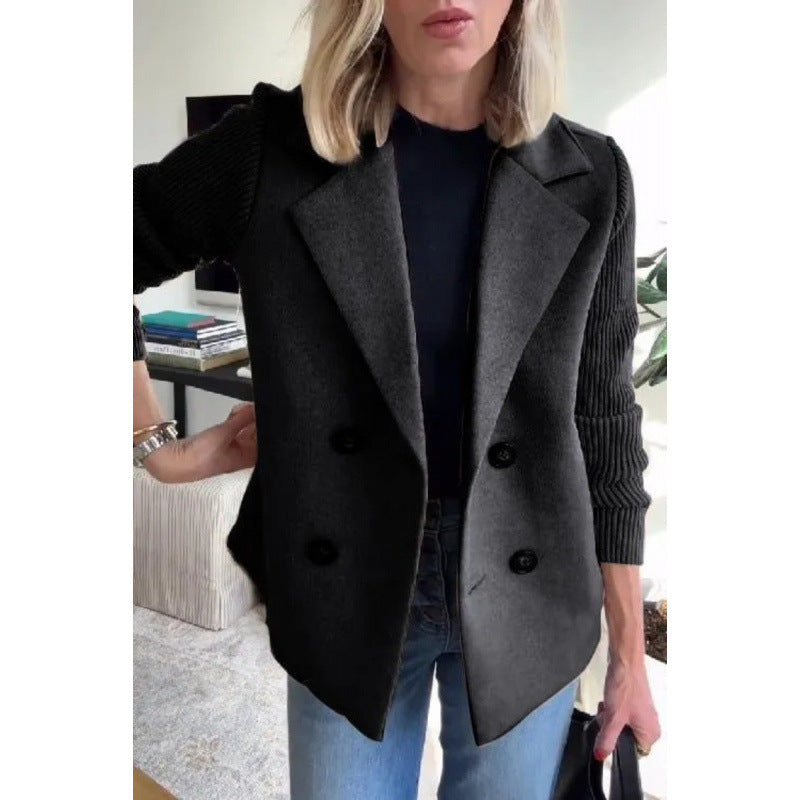 Women's Double-breasted Blazer Vest with Wide Lapels and Ribbed Knit Sleeves Mune Fashion