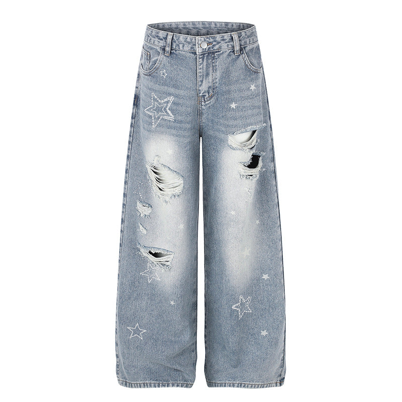 Ladies Wide Distressed Palazzo Jeans with Star Embroidery Mune Fashion