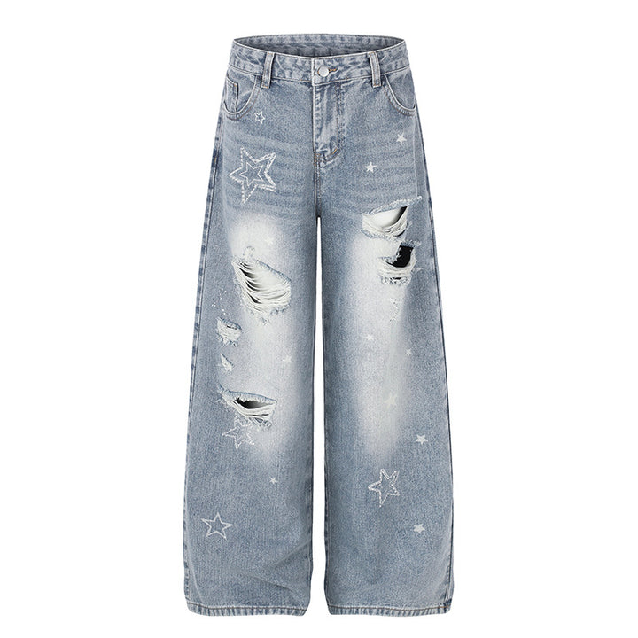 Ladies Wide Distressed Palazzo Jeans with Star Embroidery Mune Fashion