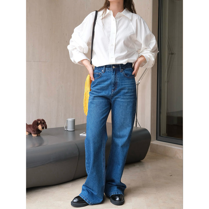 Women high-waisted jeans made of cotton denim in a relaxed straight cut with a used wash Mune Fashion