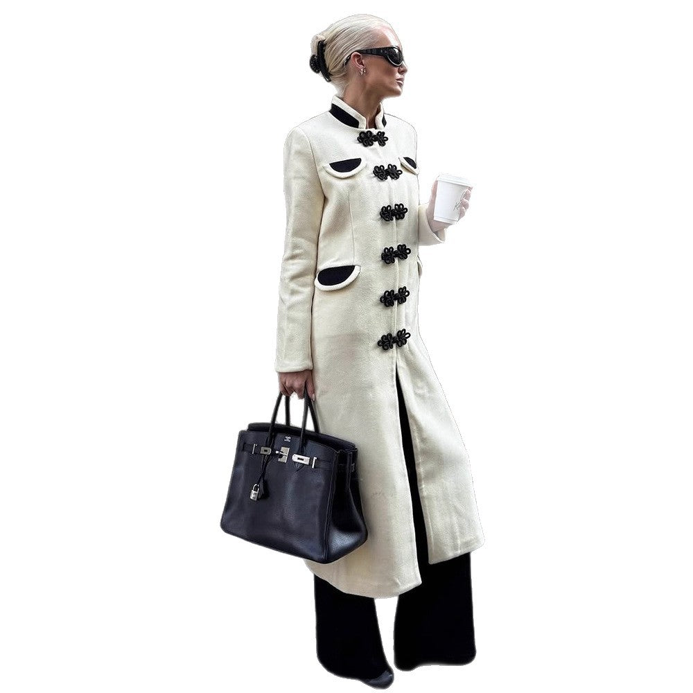 Women's maxi length tailored wool blend coat with stand-up collar and decorative frog closures Mune Fashion