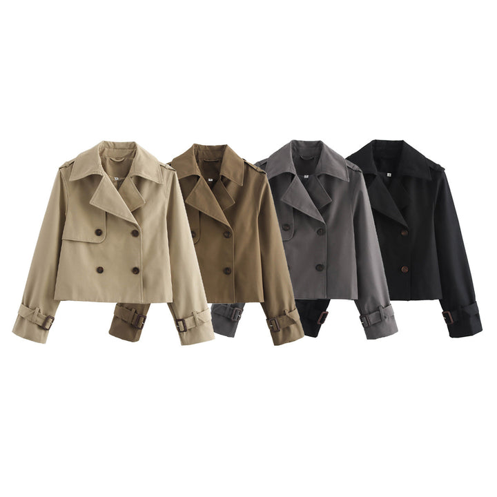 Ladies Cropped Trench Coat in Boxy Cut with Double Breasted and Cuff Straps Mune Fashion