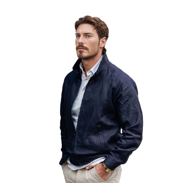 Men's Lightweight Zip Transition Jacket Made of Linen Blend with Stand-up Collar Mune Fashion