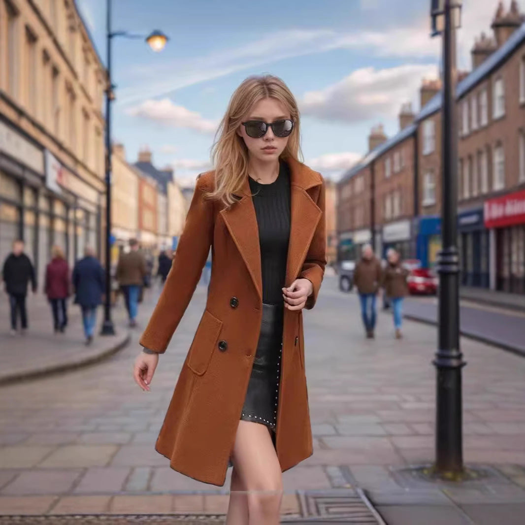 Women's Mid-Length Wool Blend Coat with Wide Lapels and Tailored Fit Mune Fashion
