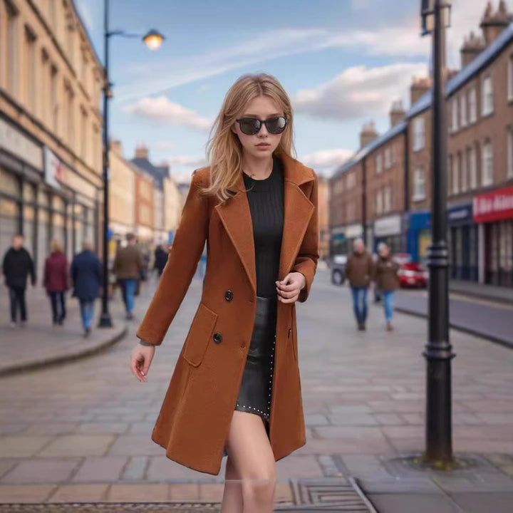 Women's Mid-Length Wool Blend Coat with Wide Lapels and Tailored Fit Mune Fashion