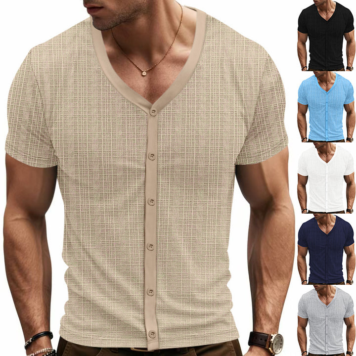 Men's short-sleeve fine knit cardigan with V-neck and continuous button placket Mune Fashion