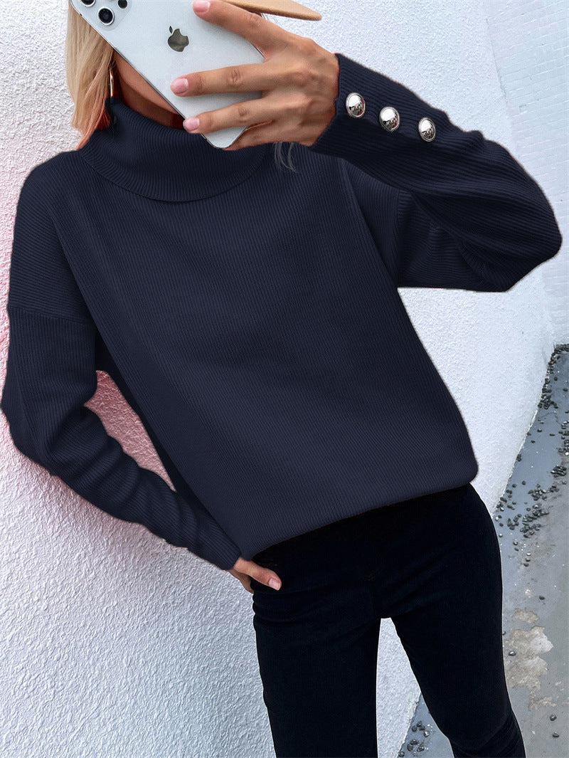 Women's Ribbed Turtleneck Sweater with Oversize Cut and Decorative Button Cuffs Mune Fashion