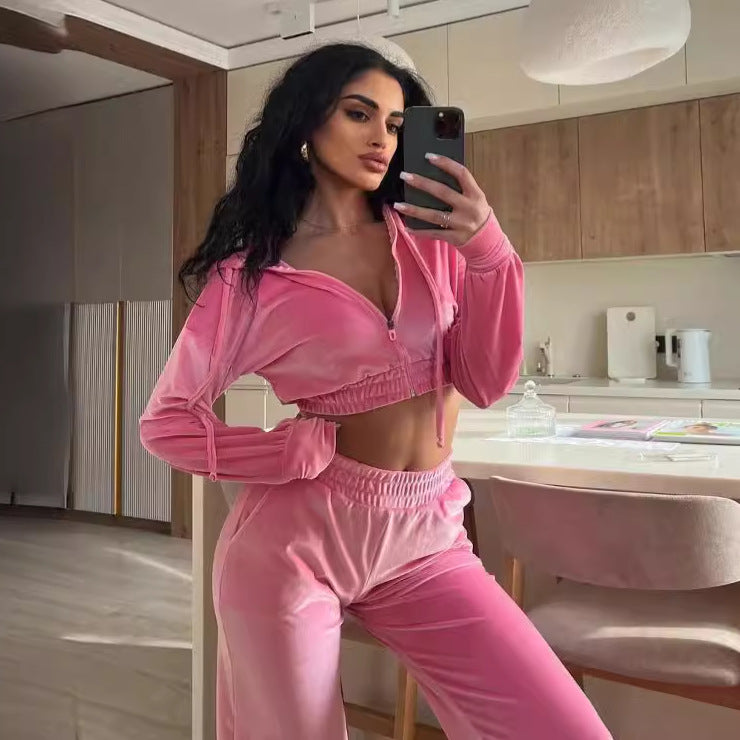 Women nan short velvet tracksuit with zipper hoodie and wide waistband jogging pants Mune Fashion